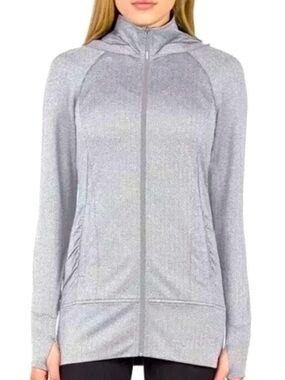 Mondetta Light Gray Full-Zip Hoodie, Ruched, Thumb Holes, Align, Small, Silver